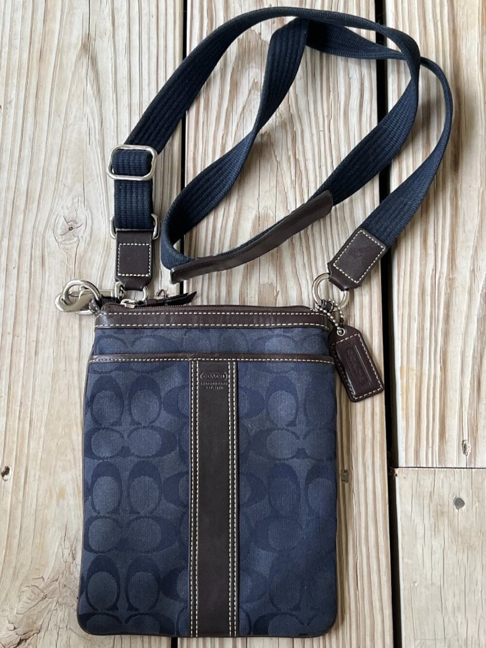 Coach Signature C Stripe Swingpack F06016 Canvas Crossbody Bag Navy Brown